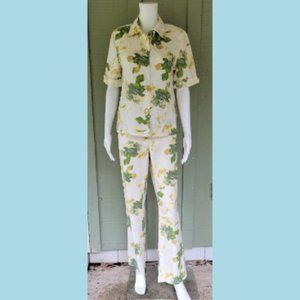 GEIGER White Green Linen Cotton Pants Top Set